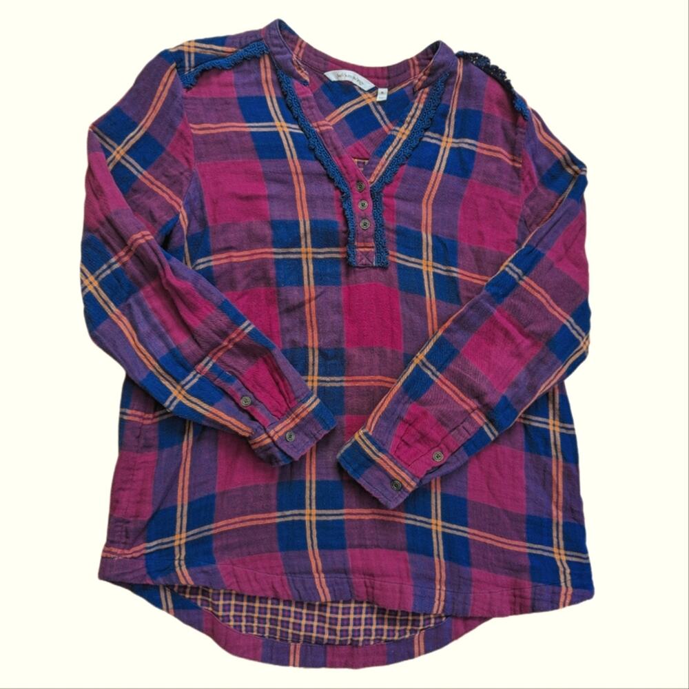 Soft Surroundings Ellesmere Soft Plaid Flannel Eyelet Lace Boho Tunic Blouse
